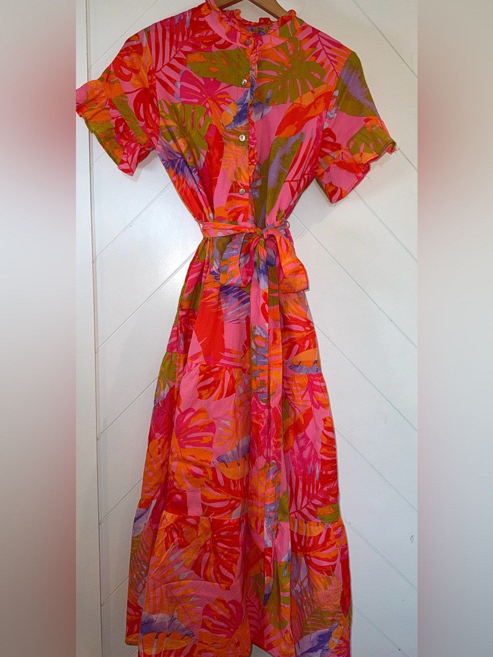 J.Marie $172 Eden Printed Ruffle High Neck Tie Waist A-Line Midi Dress medium